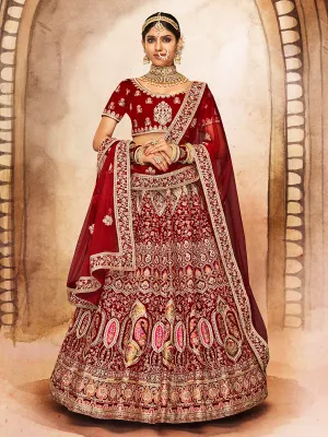 Maroon Embroidered Velvet Semi Stitched Lehenga With Unstitched Blouse