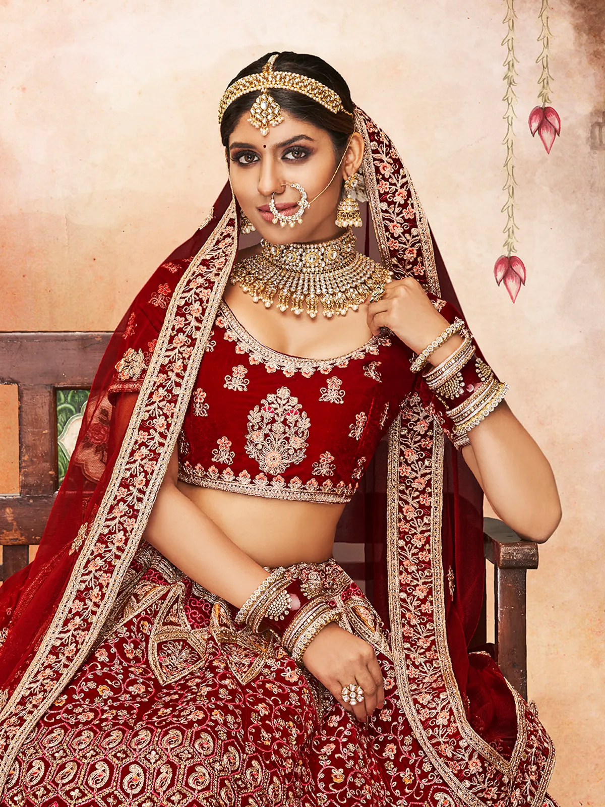 Maroon Embroidered Velvet Semi Stitched Lehenga With Unstitched Blouse