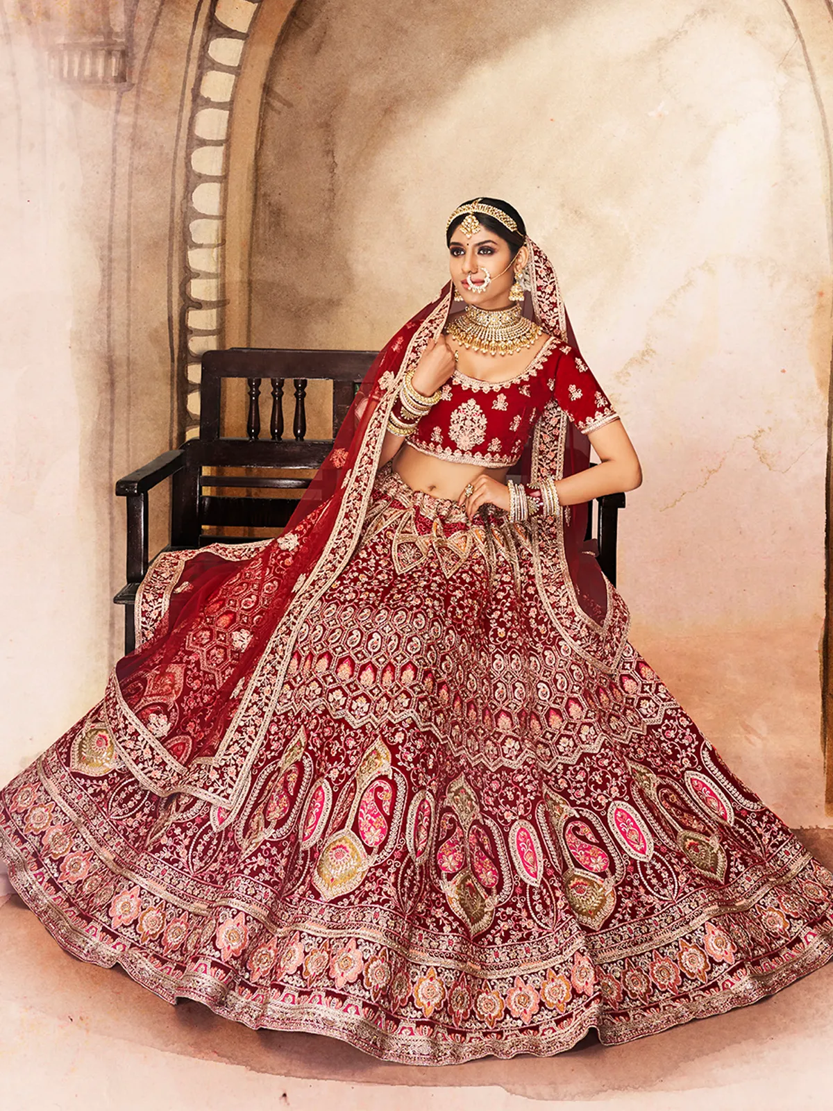 Maroon Embroidered Velvet Semi Stitched Lehenga With Unstitched Blouse
