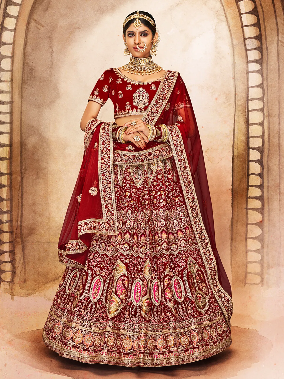 Maroon Embroidered Velvet Semi Stitched Lehenga With Unstitched Blouse