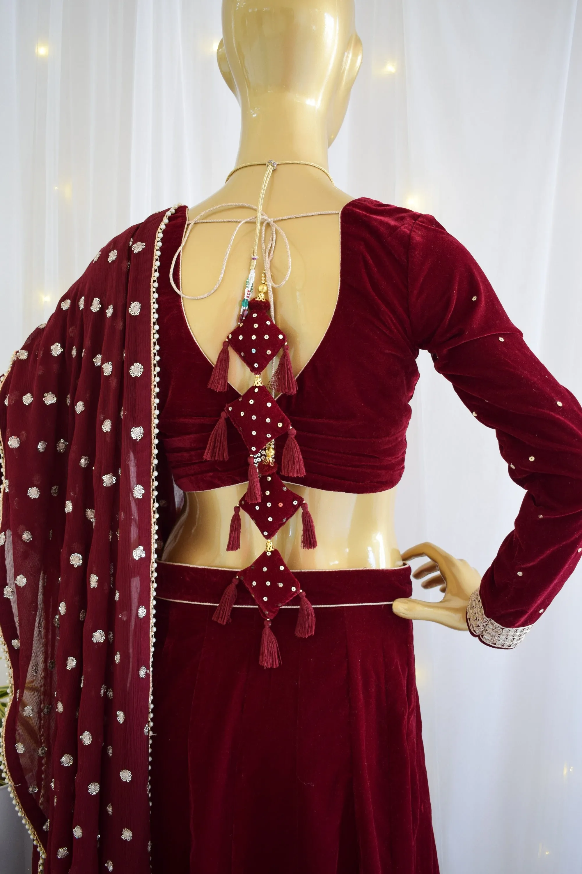 Maroon Velvet Lehenga with Embroidered Dupatta