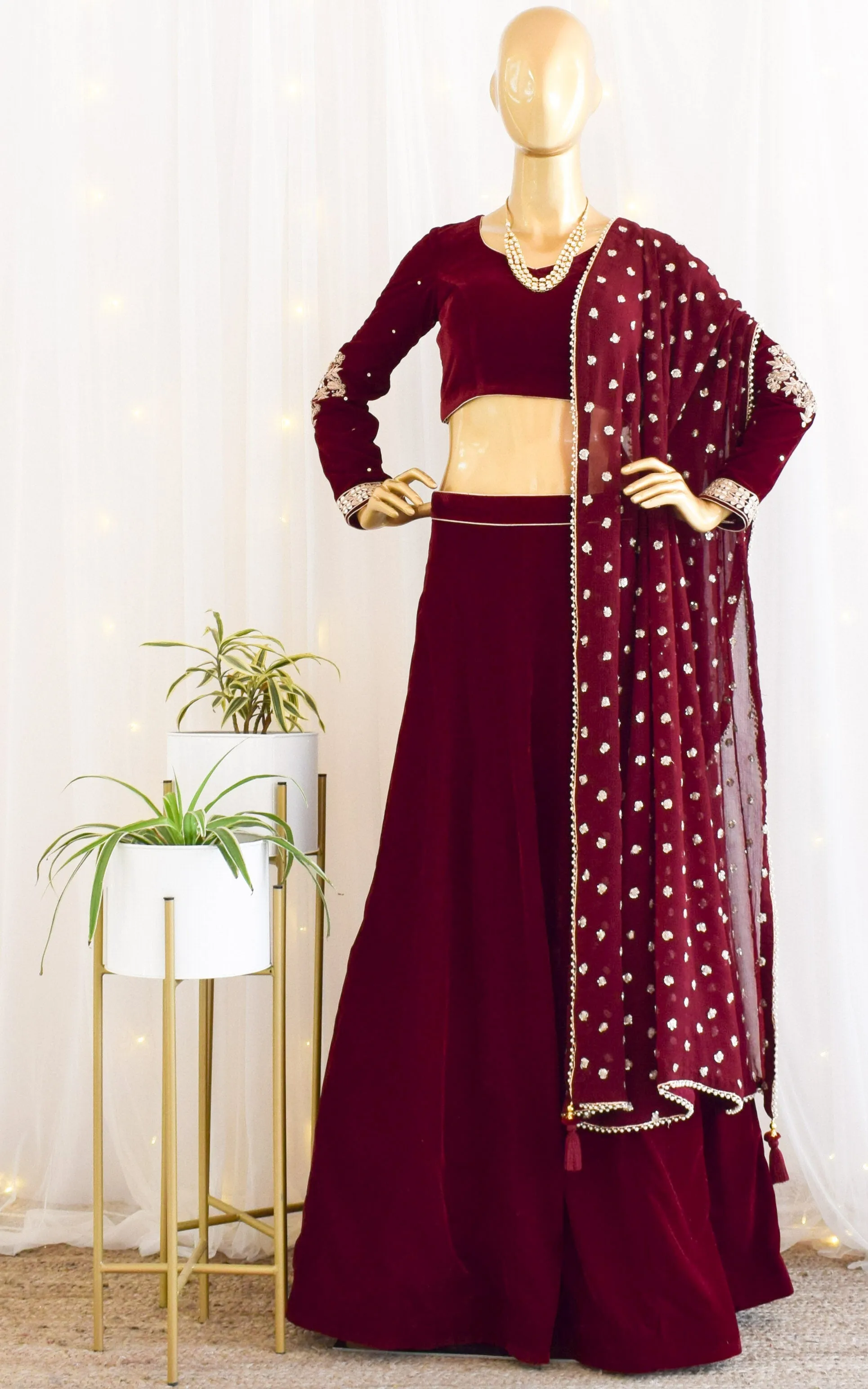 Maroon Velvet Lehenga with Embroidered Dupatta