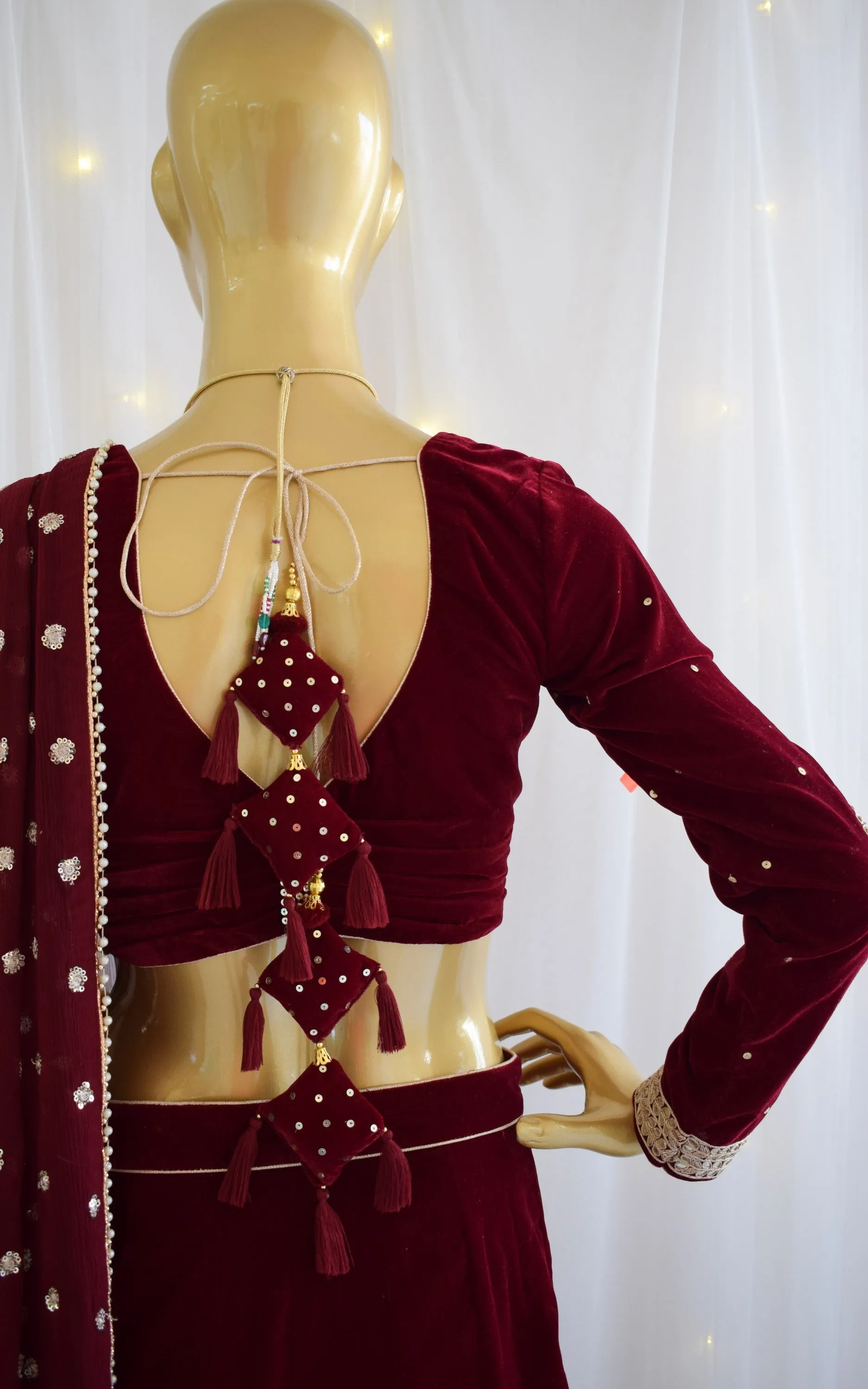 Maroon Velvet Lehenga with Embroidered Dupatta