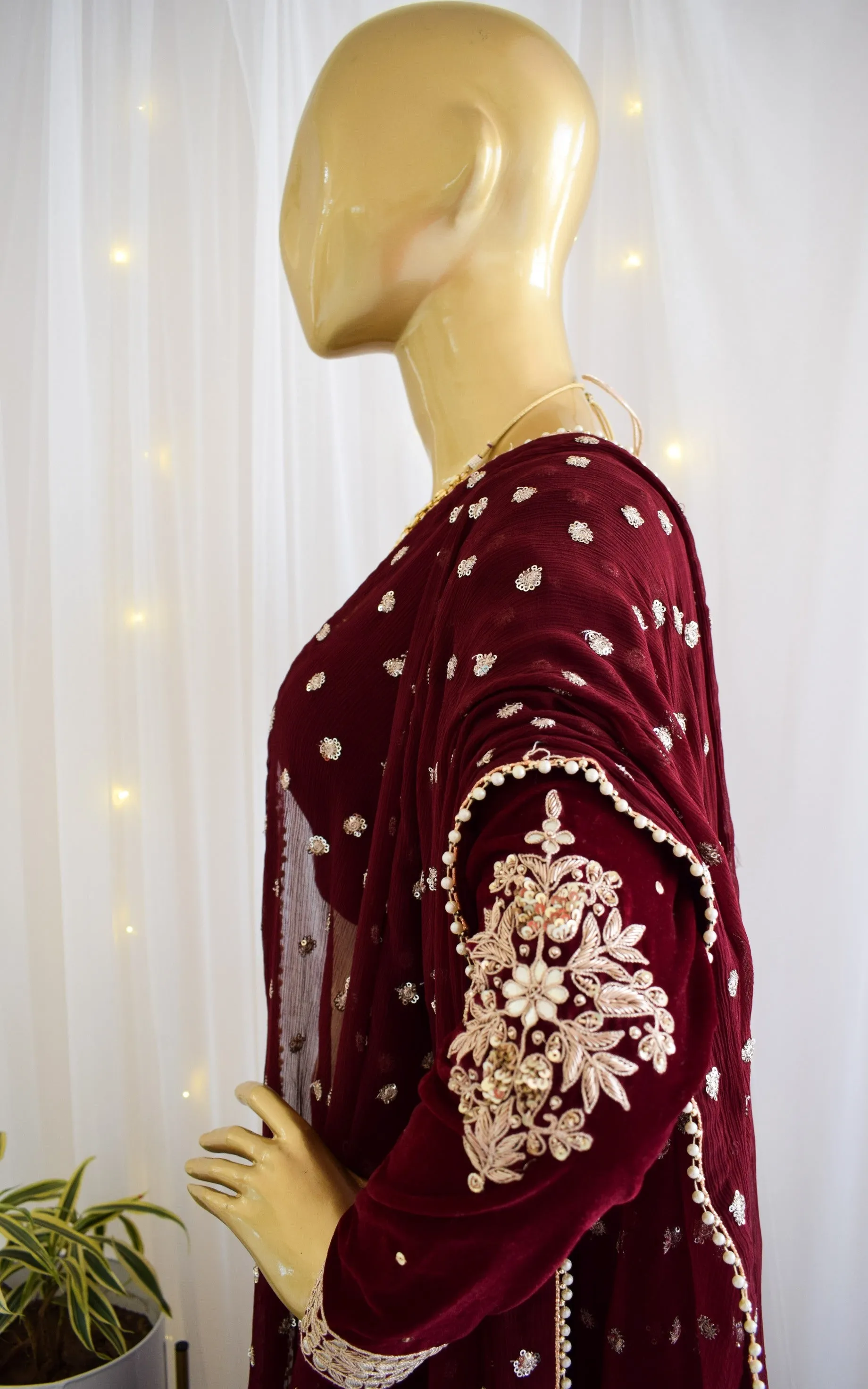 Maroon Velvet Lehenga with Embroidered Dupatta