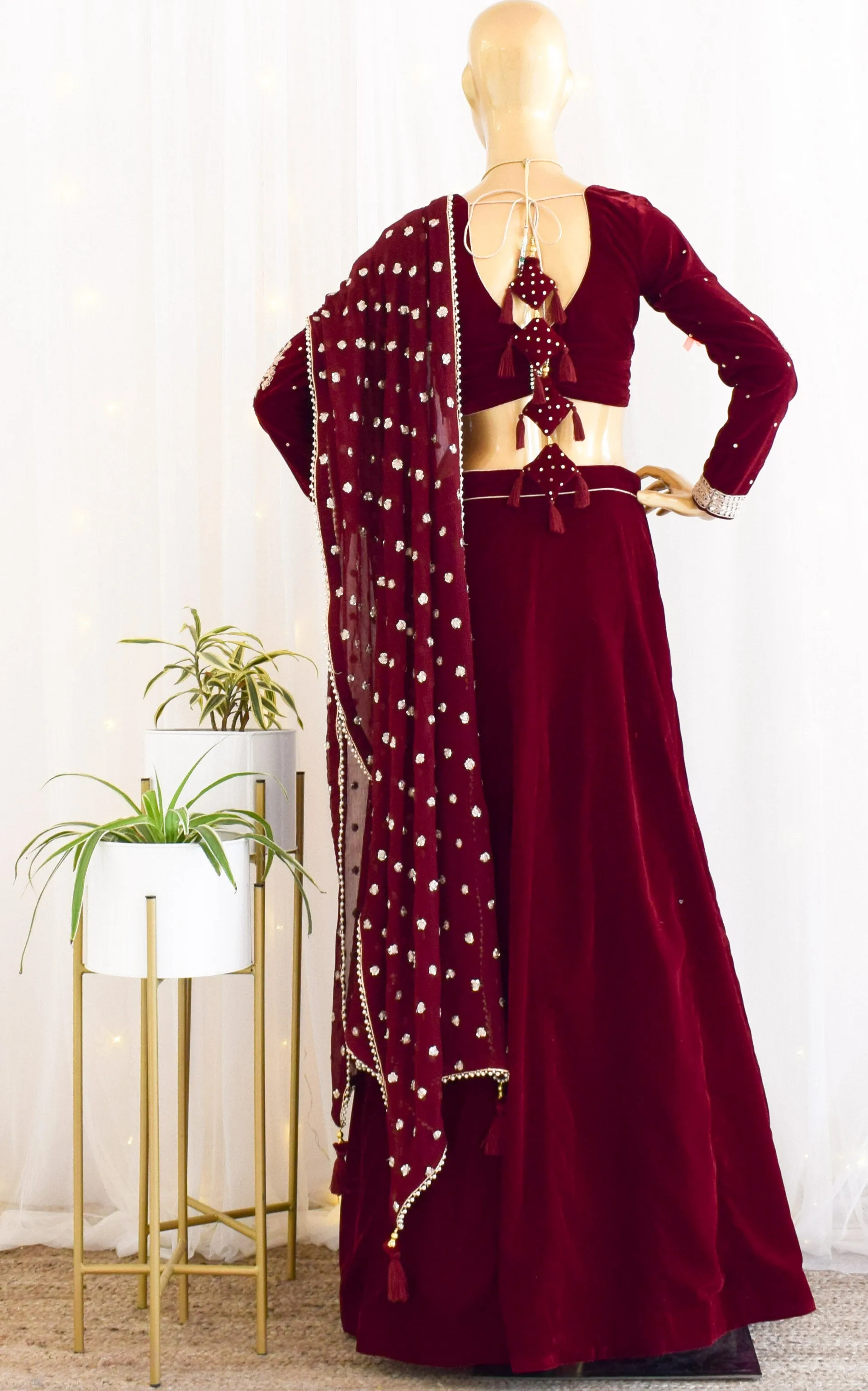 Maroon Velvet Lehenga with Embroidered Dupatta