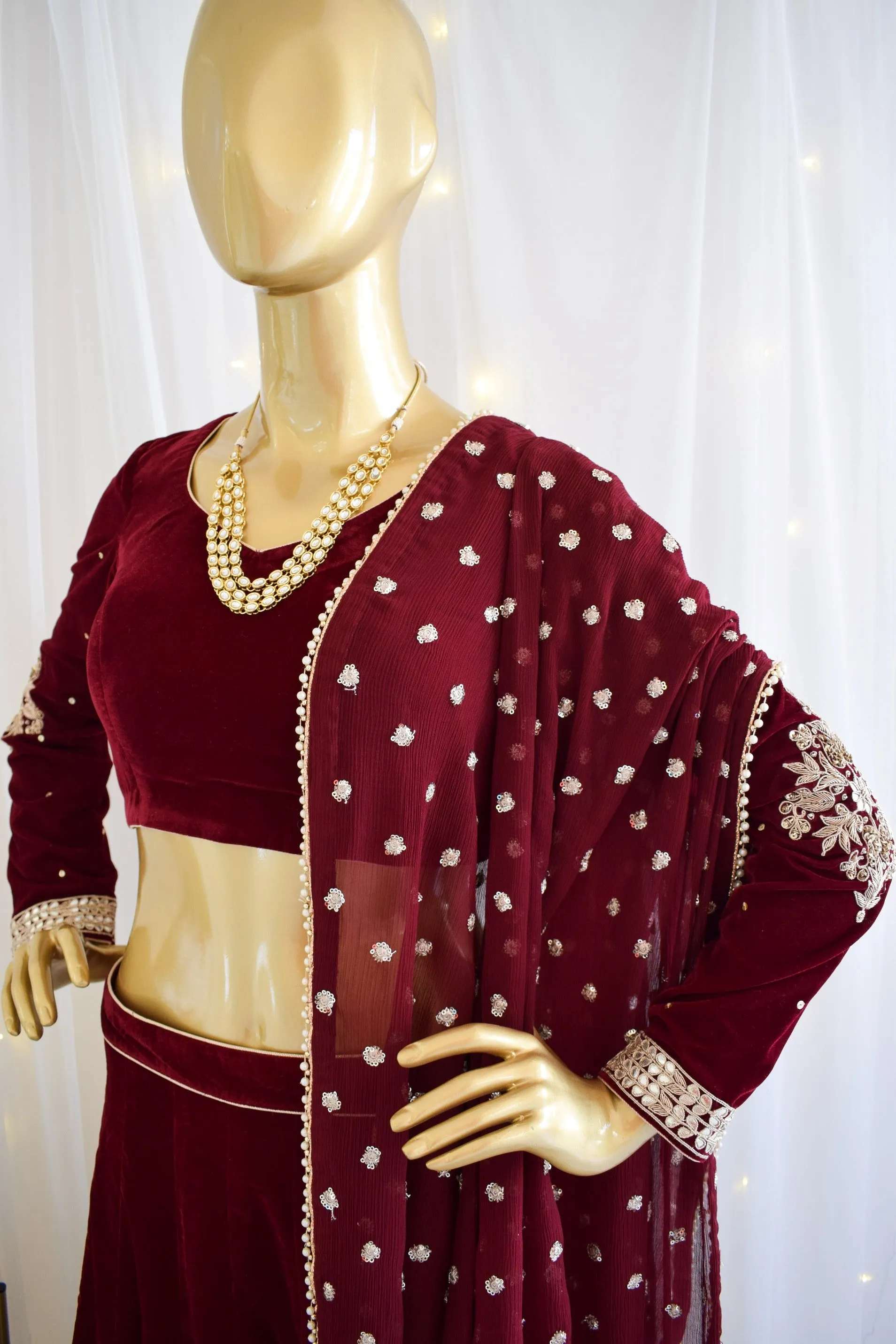 Maroon Velvet Lehenga with Embroidered Dupatta