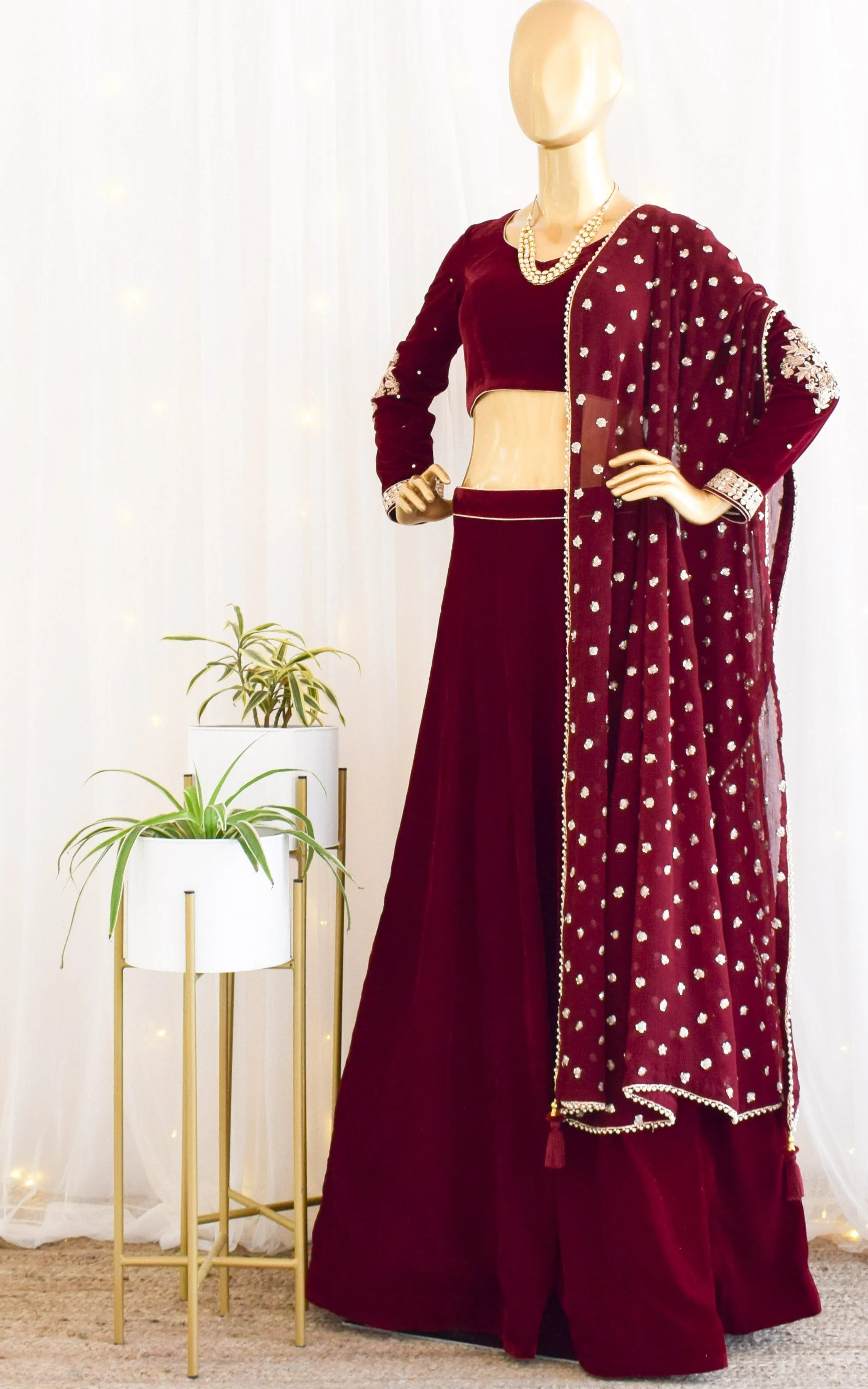 Maroon Velvet Lehenga with Embroidered Dupatta