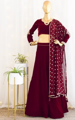 Maroon Velvet Lehenga with Embroidered Dupatta