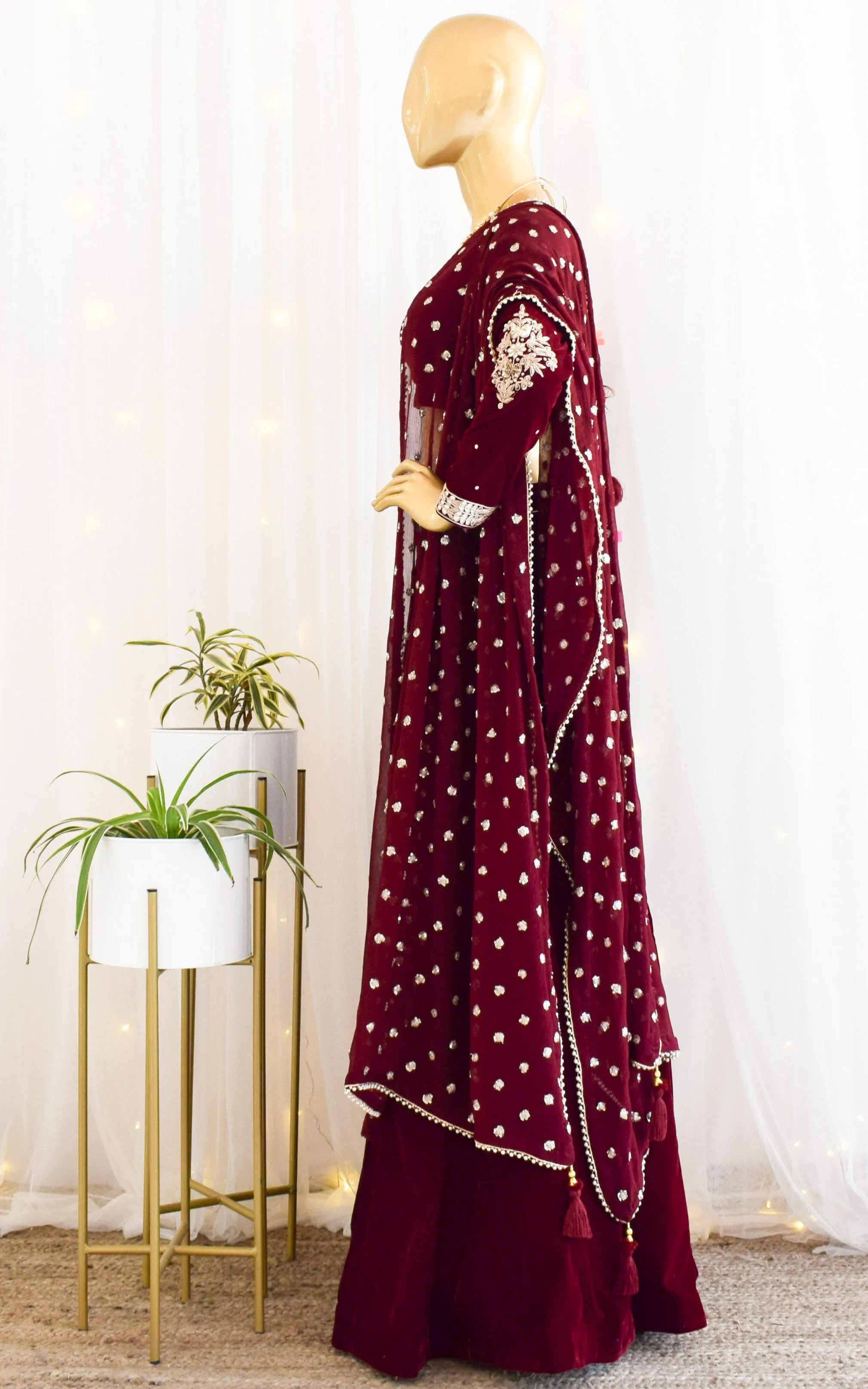 Maroon Velvet Lehenga with Embroidered Dupatta