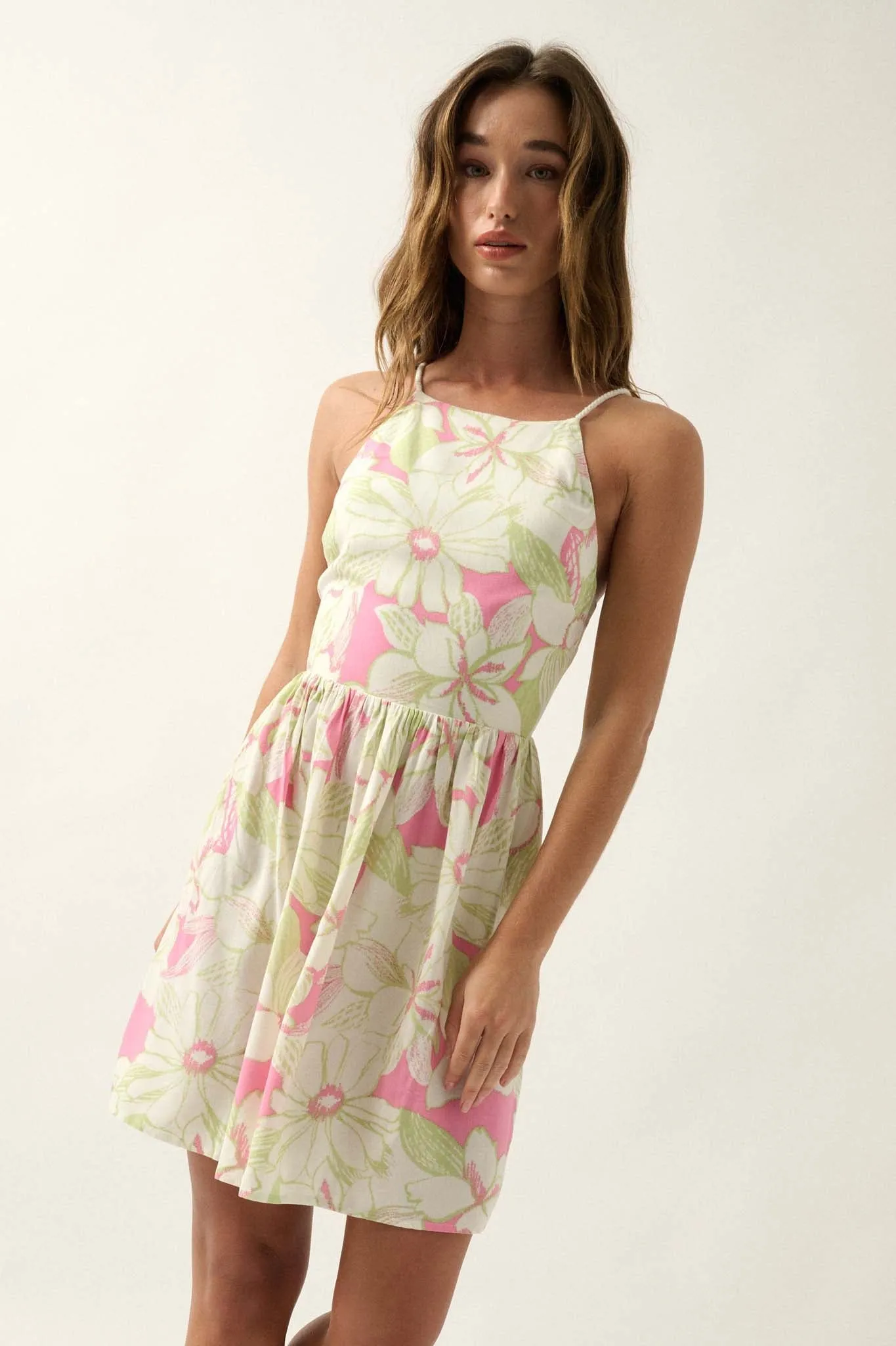 Maui Wowie Floral Lace-Up Back Mini Dress