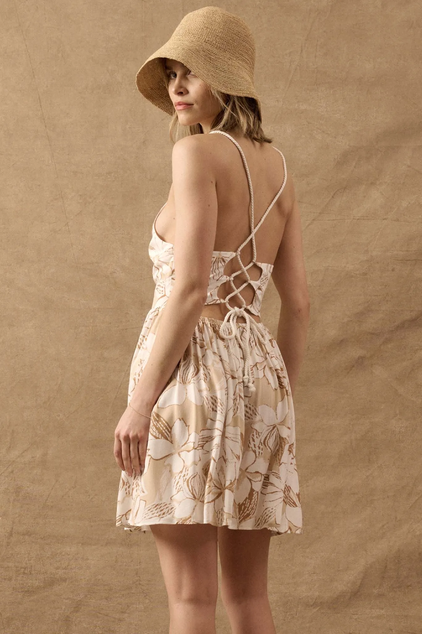 Maui Wowie Floral Lace-Up Back Mini Dress