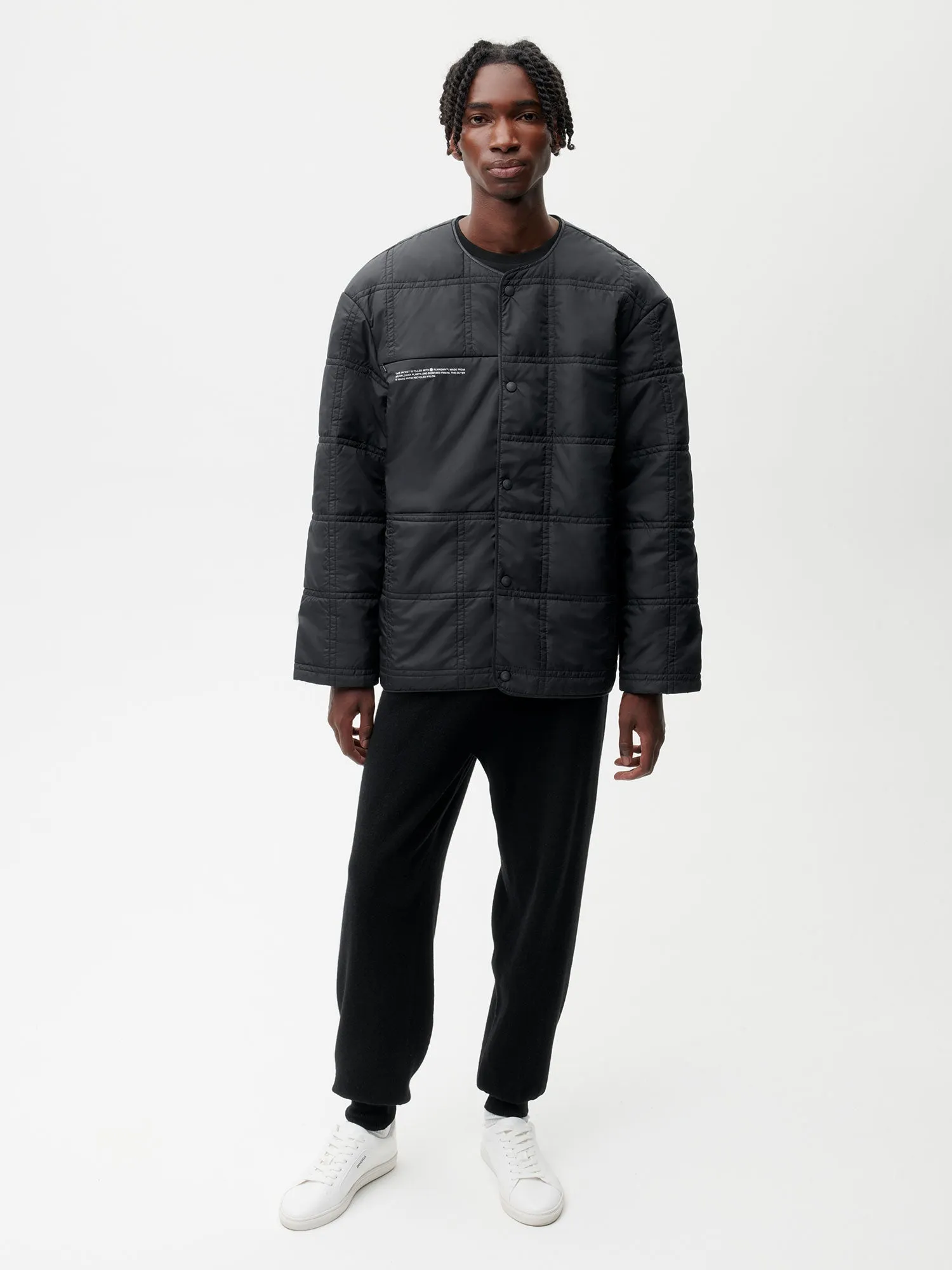Mens Flower-Warmth Quilted Collarless Jacket —black