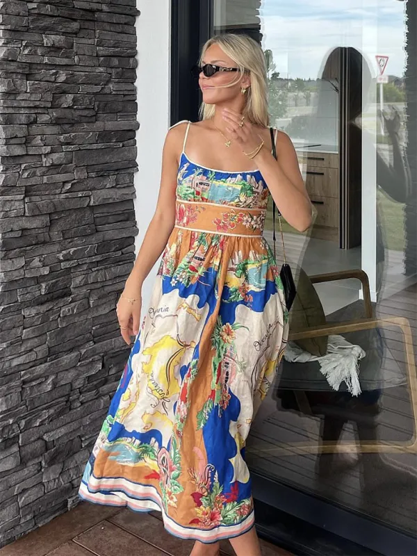 Midi Sundress with Scenic Floral Print