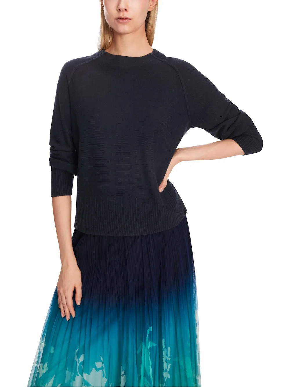 Midnight Blue Cashmere Blend Sweater With Rib Trim