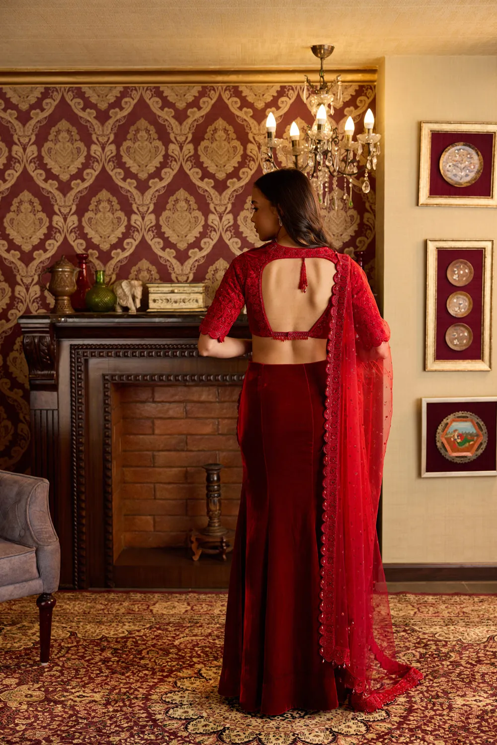 Opulent Red Velvet Lehenga Ensemble