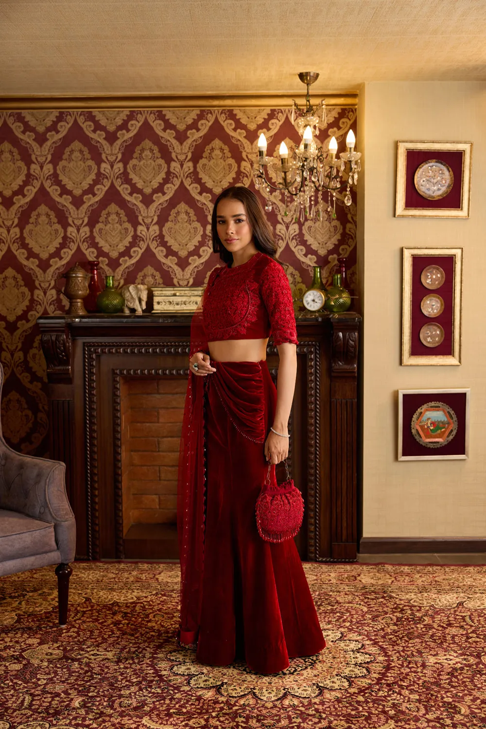 Opulent Red Velvet Lehenga Ensemble