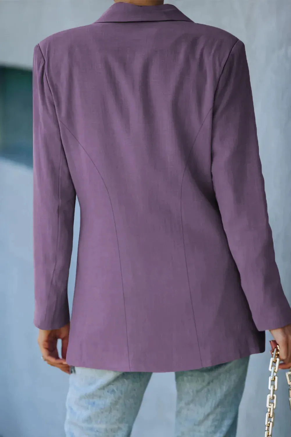 Purple Double-Breasted Padded Shoulder Blazer with Pockets