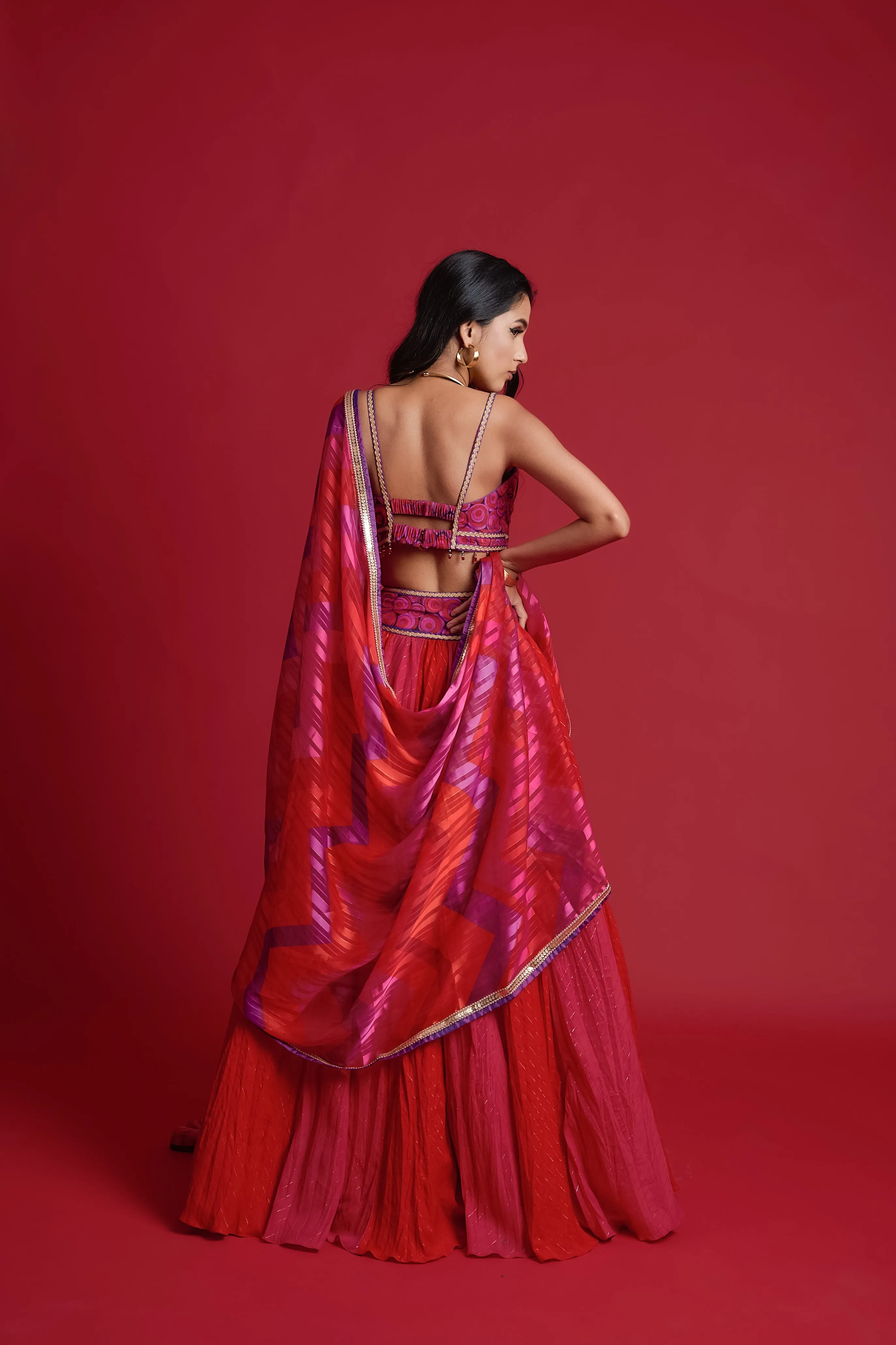 Red And Fuchsia Crinkled Lehenga Set