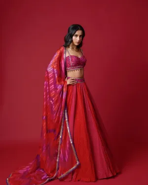 Red And Fuchsia Crinkled Lehenga Set