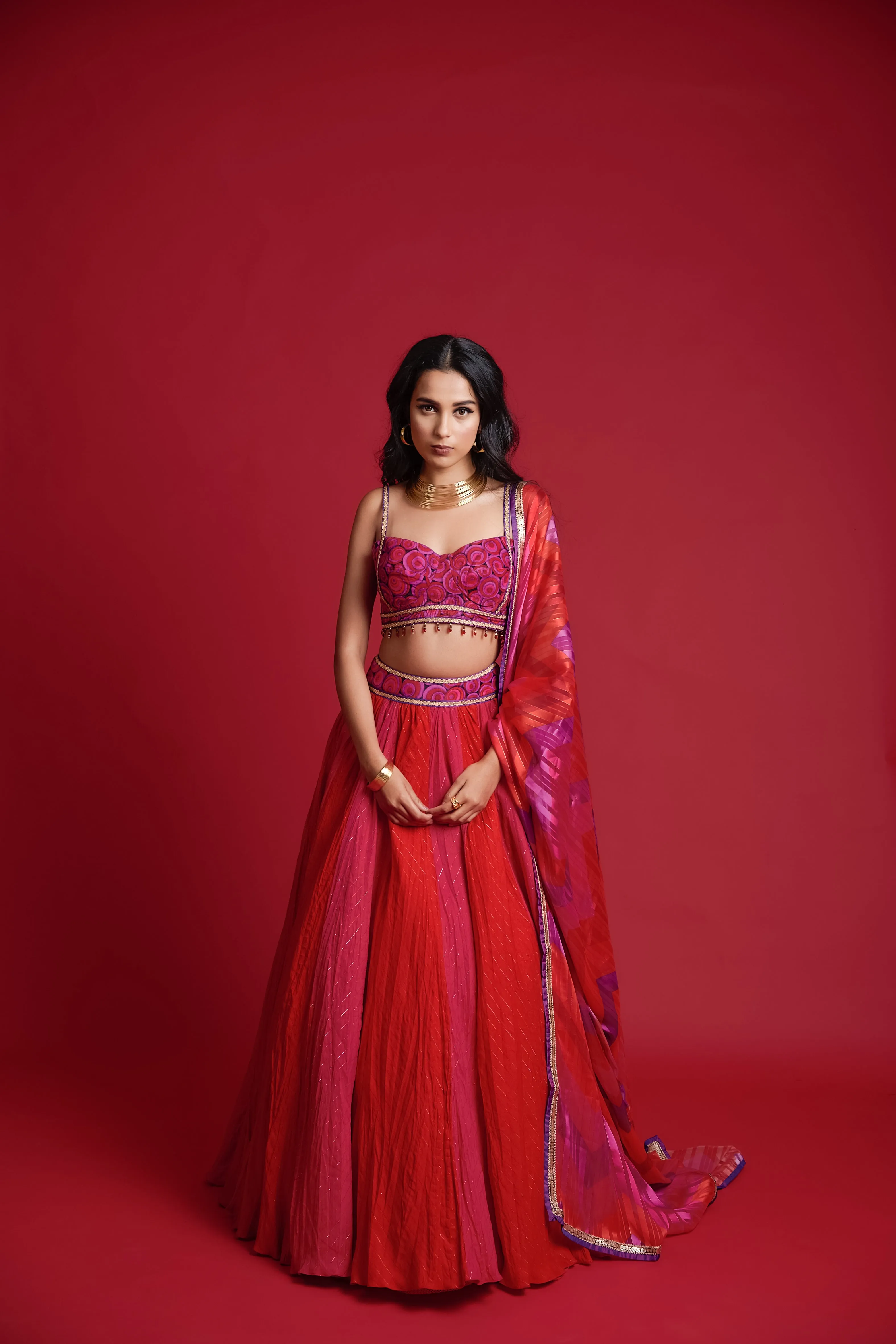 Red And Fuchsia Crinkled Lehenga Set
