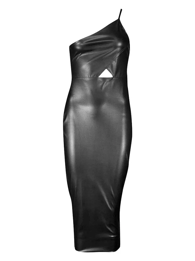 Trend4us Black One-Shoulder Cut-Out Leather Dress