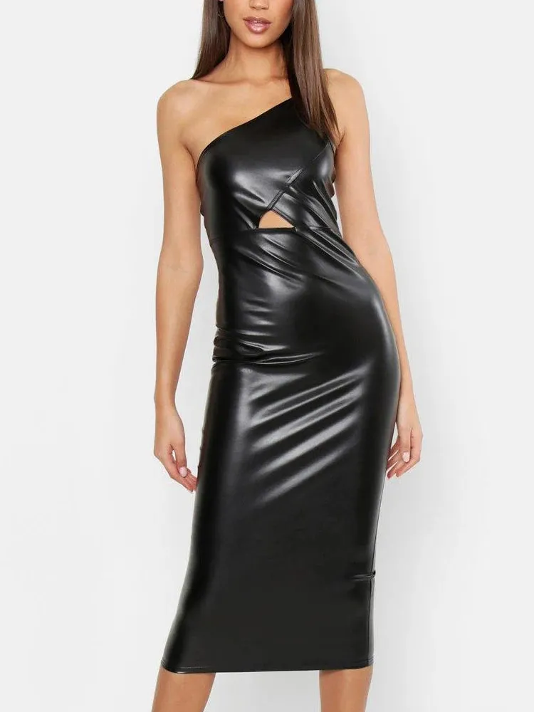 Trend4us Black One-Shoulder Cut-Out Leather Dress
