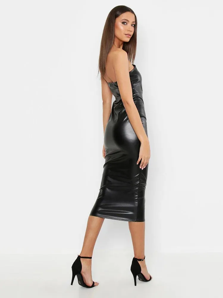 Trend4us Black One-Shoulder Cut-Out Leather Dress