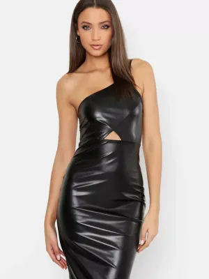 Trend4us Black One-Shoulder Cut-Out Leather Dress