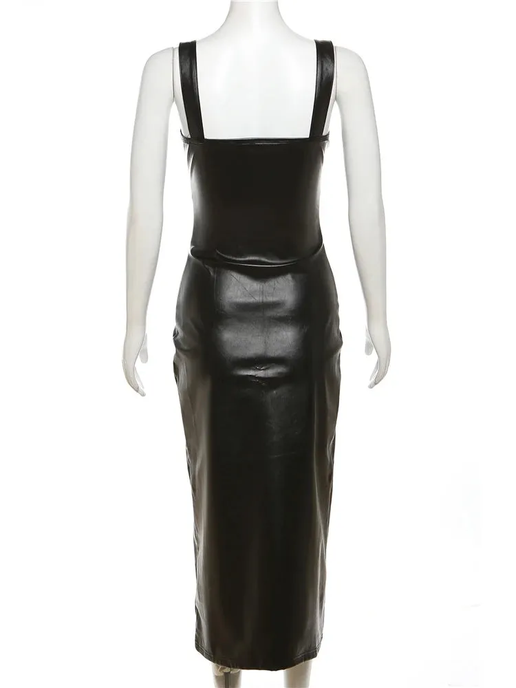 Trend4us Faux Leather Midi Dress with Front Slit