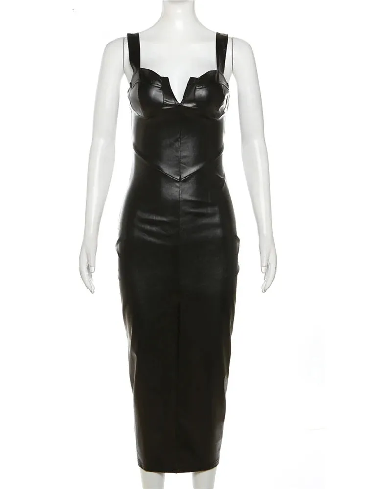 Trend4us Faux Leather Midi Dress with Front Slit