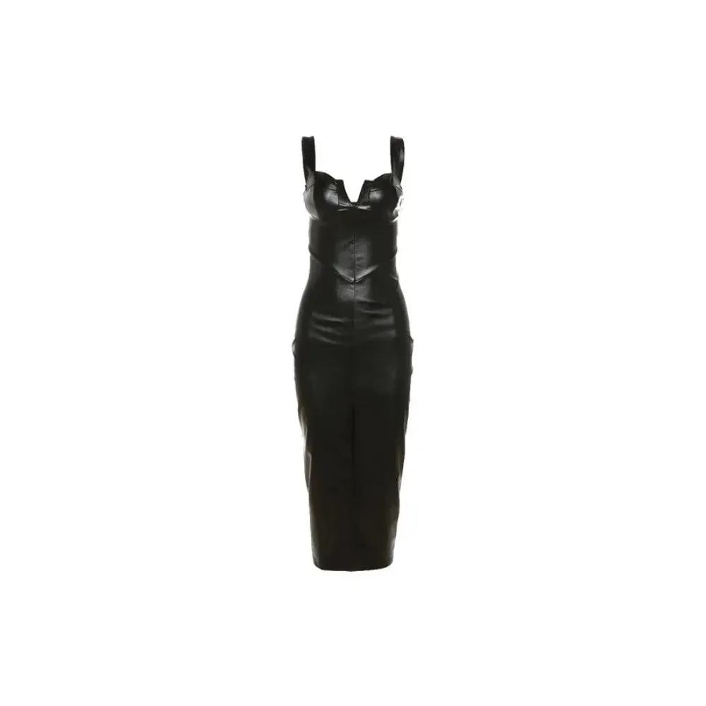 Trend4us Faux Leather Midi Dress with Front Slit
