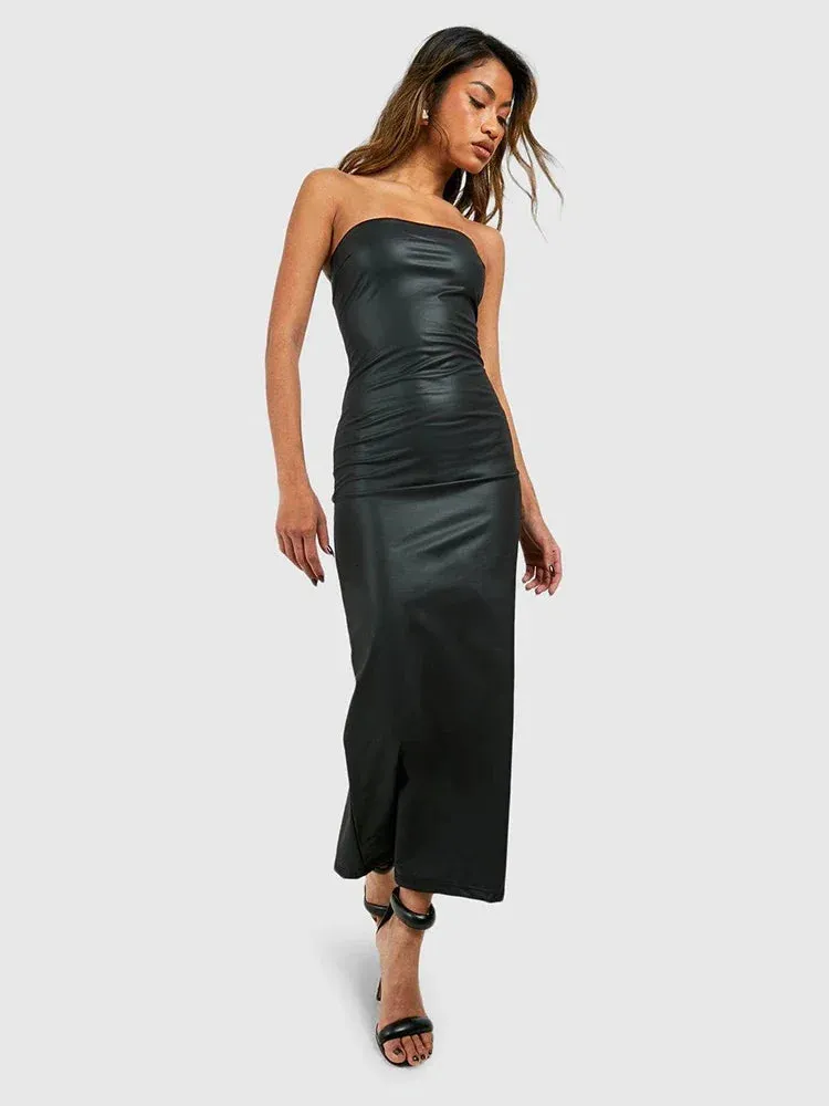 Trend4us Strapless Stretch Faux Leather Maxi Dress
