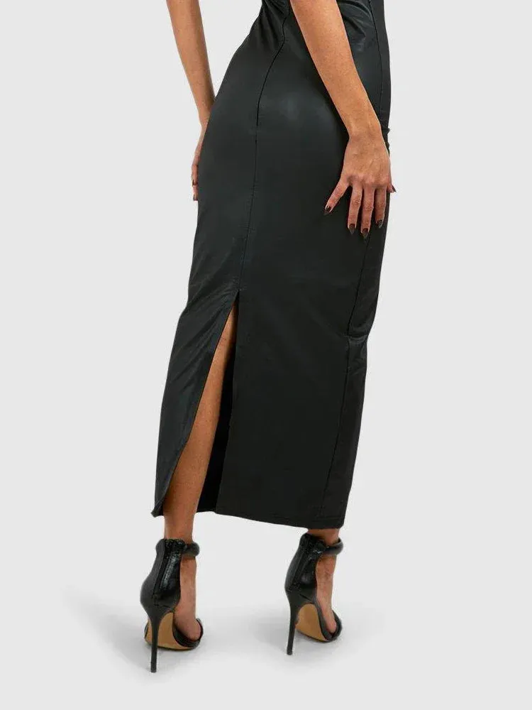Trend4us Strapless Stretch Faux Leather Maxi Dress
