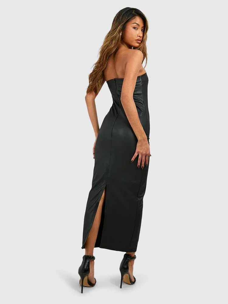 Trend4us Strapless Stretch Faux Leather Maxi Dress