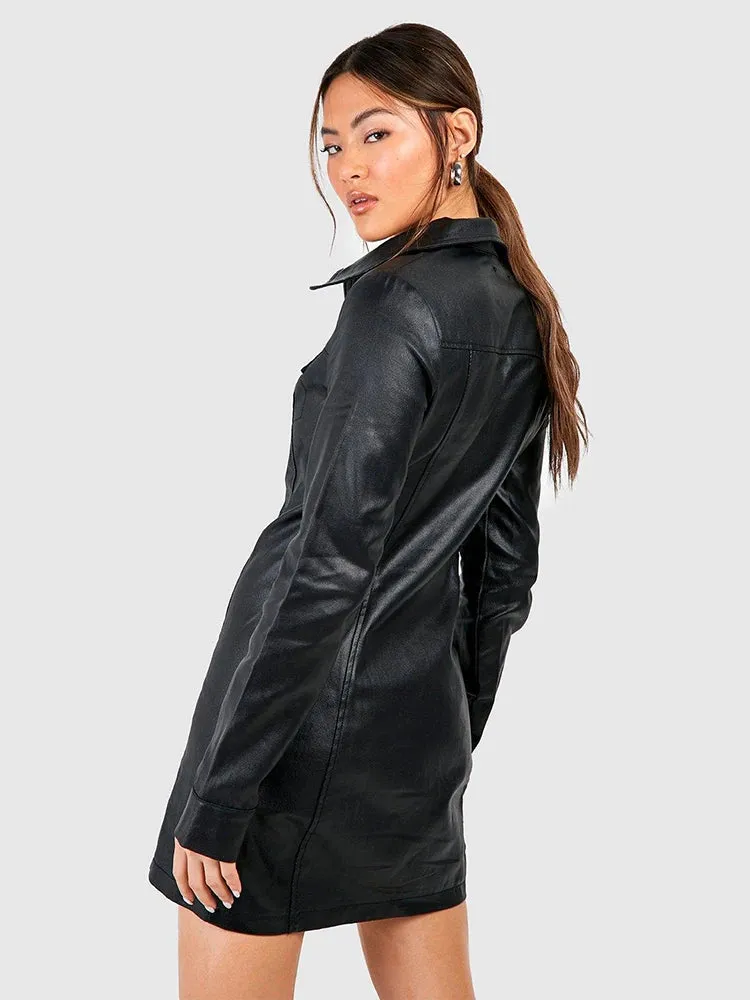 Trend4us Women's Black Faux Leather Zip-Up Mini Dress