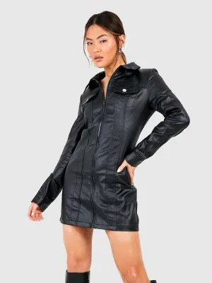 Trend4us Women's Black Faux Leather Zip-Up Mini Dress