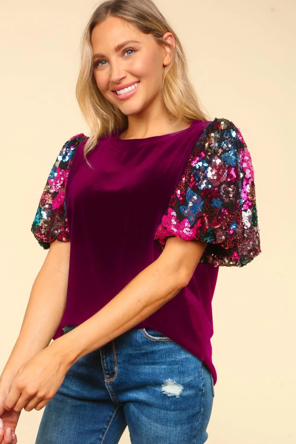 Velvet Floral Sequin Sleeve Top - Wine