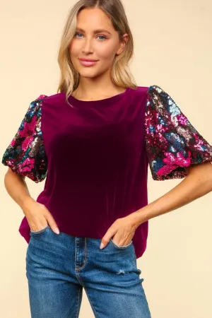 Velvet Floral Sequin Sleeve Top - Wine