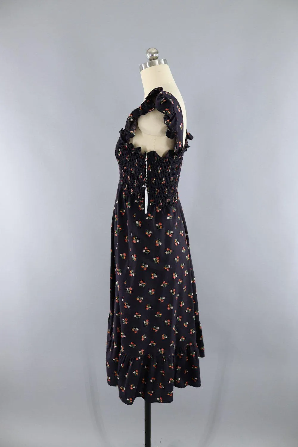 Vintage 1980s Black Floral Print Smocked Sundress