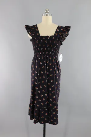 Vintage 1980s Black Floral Print Smocked Sundress