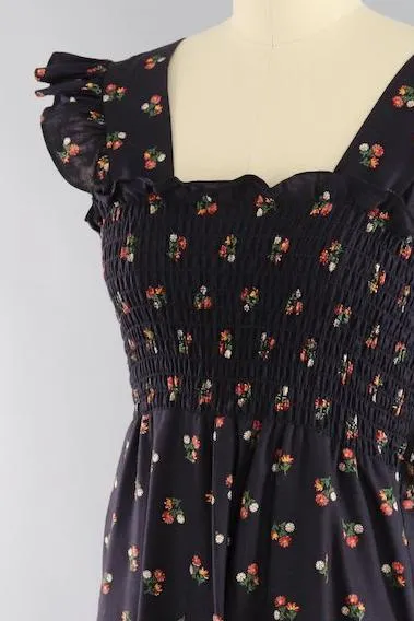 Vintage 1980s Black Floral Print Smocked Sundress