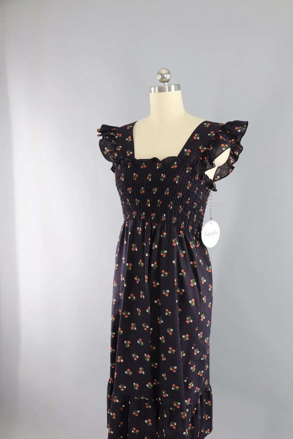 Vintage 1980s Black Floral Print Smocked Sundress