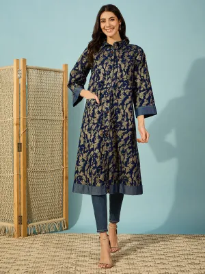 Women's Blue Cotton Camouflage Jacket - The Kaftan Company