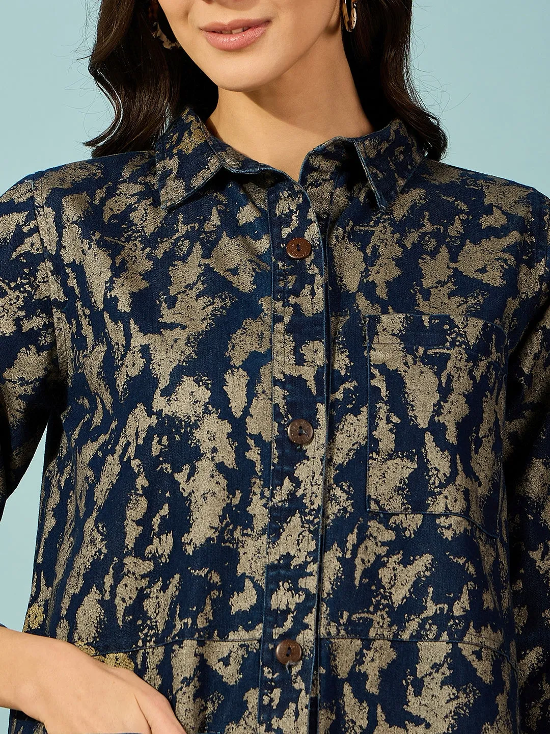 Women's Blue Cotton Camouflage Jacket - The Kaftan Company