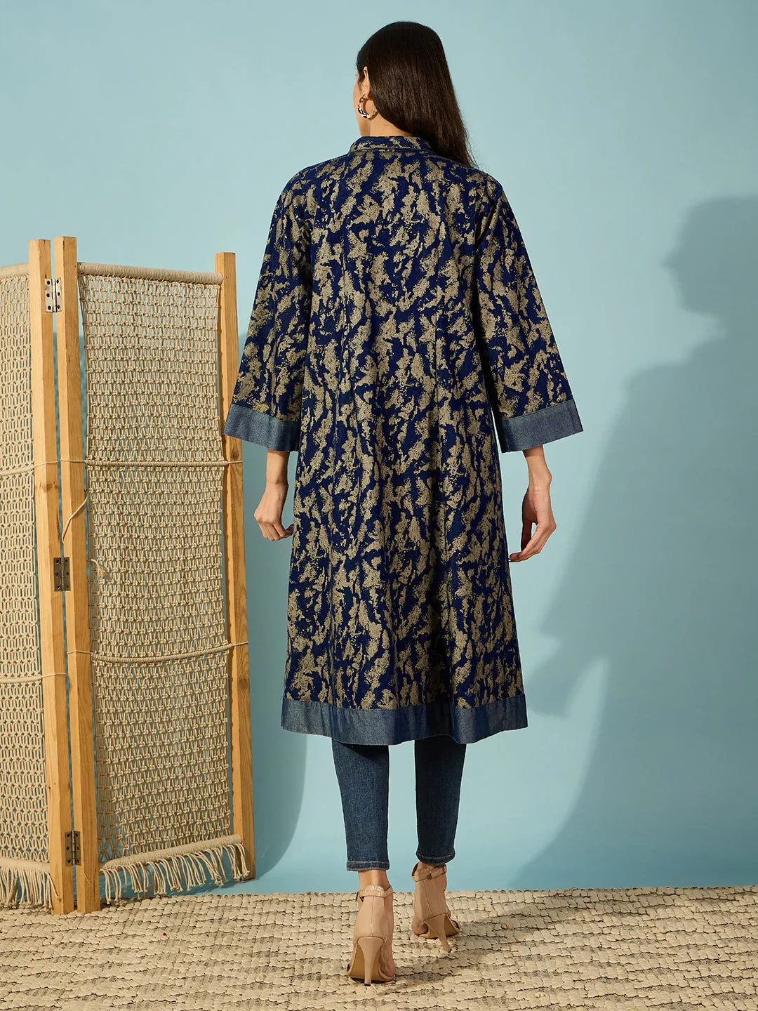 Women's Blue Cotton Camouflage Jacket - The Kaftan Company