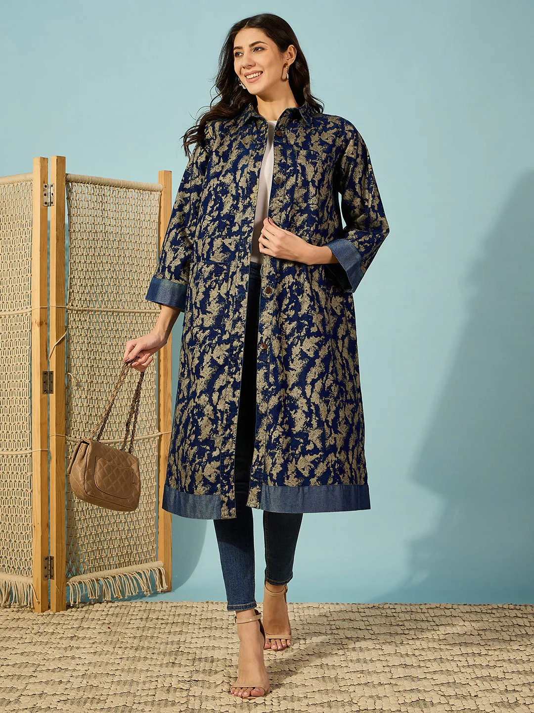 Women's Blue Cotton Camouflage Jacket - The Kaftan Company