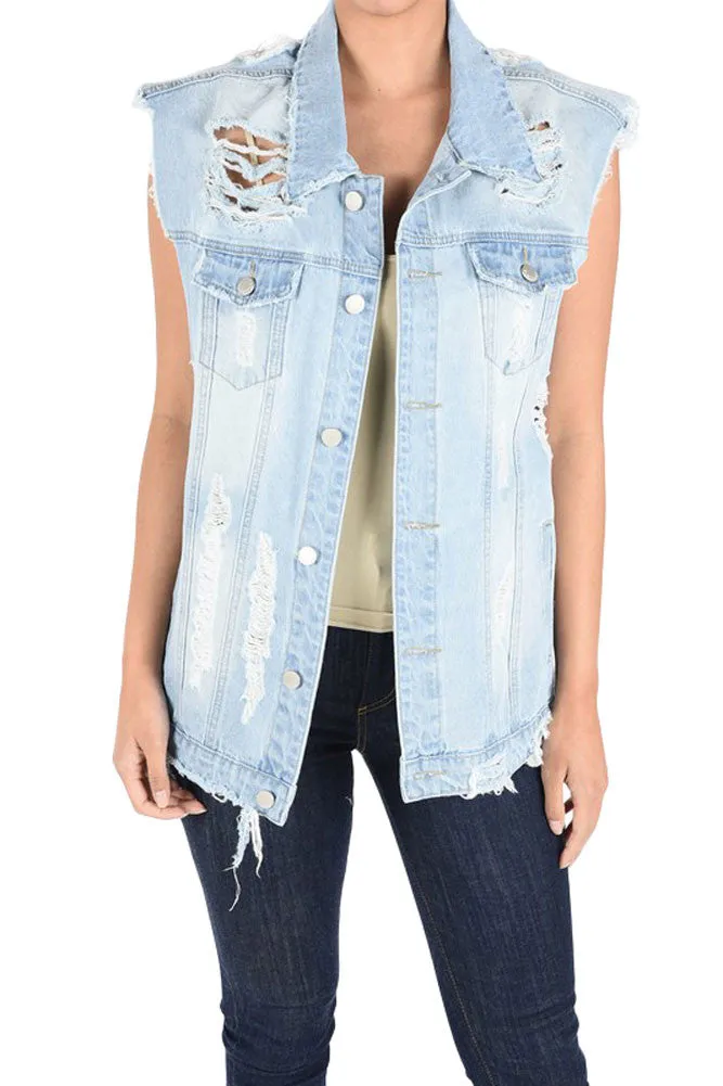 Women's Oversized Destroyed Denim Vest